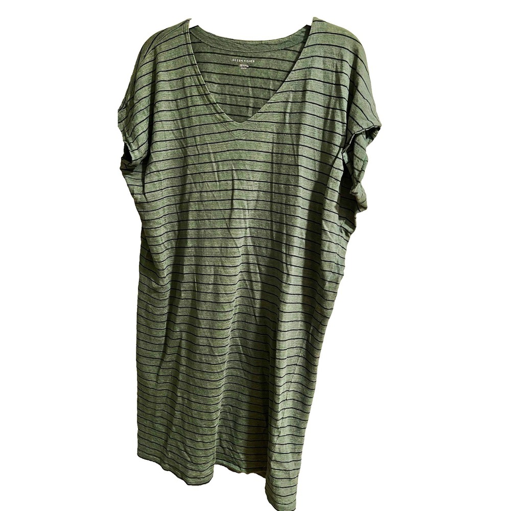 Eileen Fisher Women's Green/Black Striped Organic Linen V-Neck T-Shirt Dress 48"